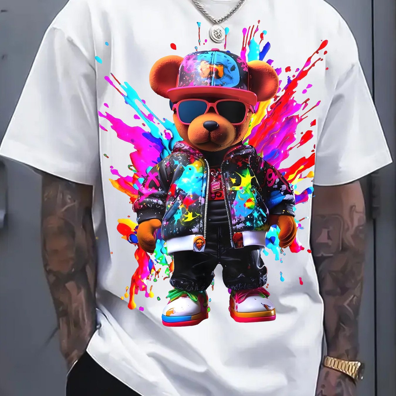 TEMU Men's Big & Tall 100% T-shirt - Soft And Breathable Retro Featuring A Cartoon Bear Graphic, Designed For A Regular Fit With A Round Neck And