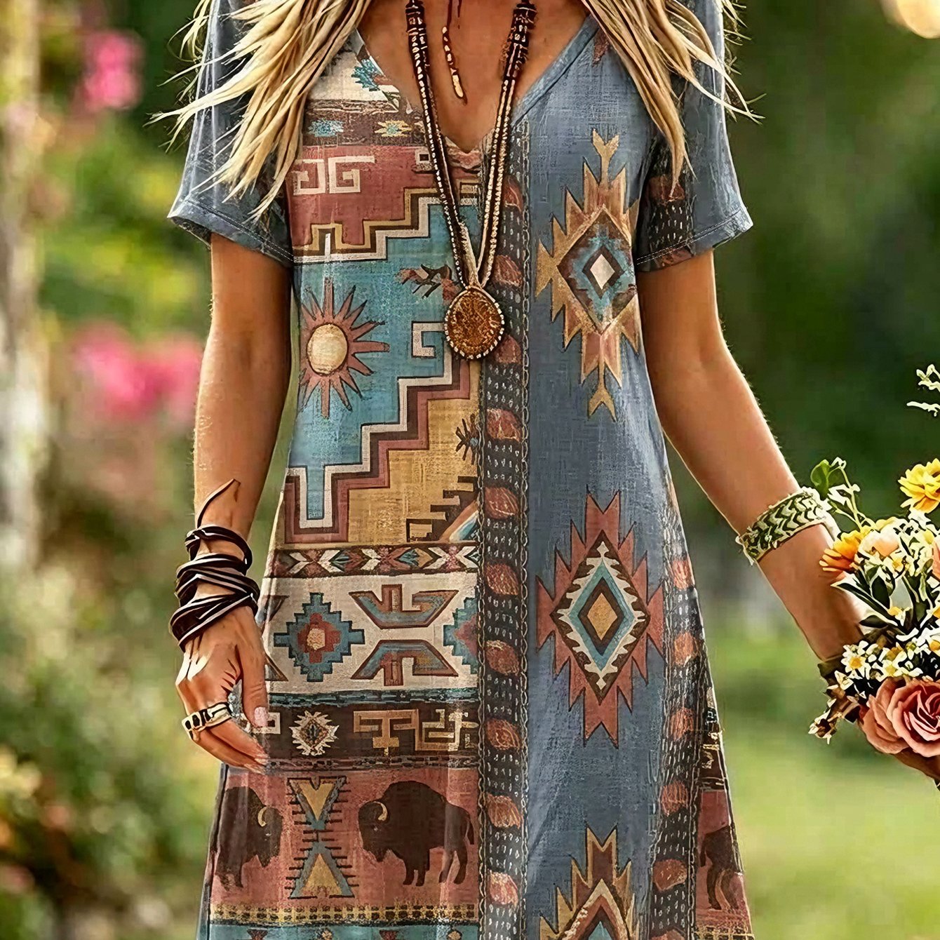 Image of Plus Size Women's Vintage Aztec Tribal Print V-neck Short Sleeve Tunic Dress Summer Loose Fit A-line Mini Dress Casual Vacation Boho Dress With Pockets For Daily Wear
