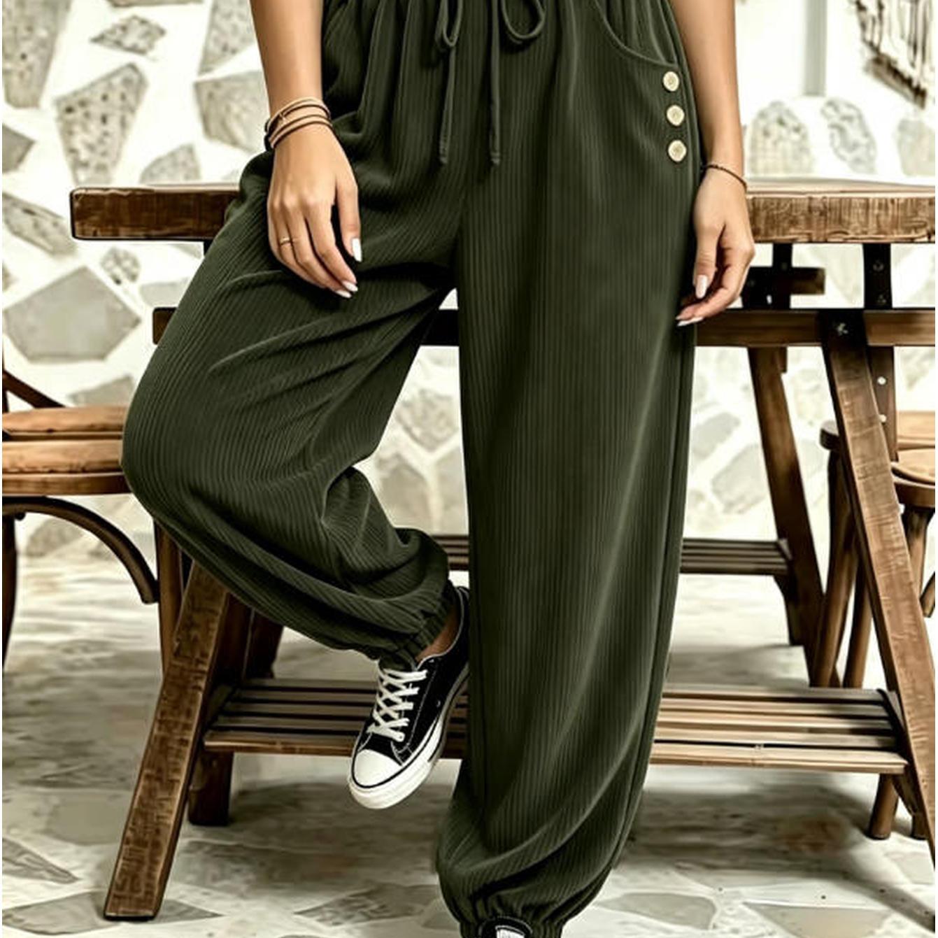 TEMU Four-season Corduroy Women's Casual Elastic Waist High-waist Tie-waist Pocket Pants, Versatile For Daily Wear, Vacation, And Holidays, Made Of
