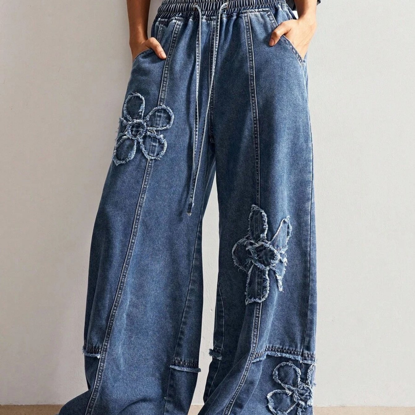 TEMU Women's Bohemian Style Blue Floral Embroidery High Straight-leg Fashionable Loose Elastic Waist Wide-leg Straight-leg Jeans Long Pants For