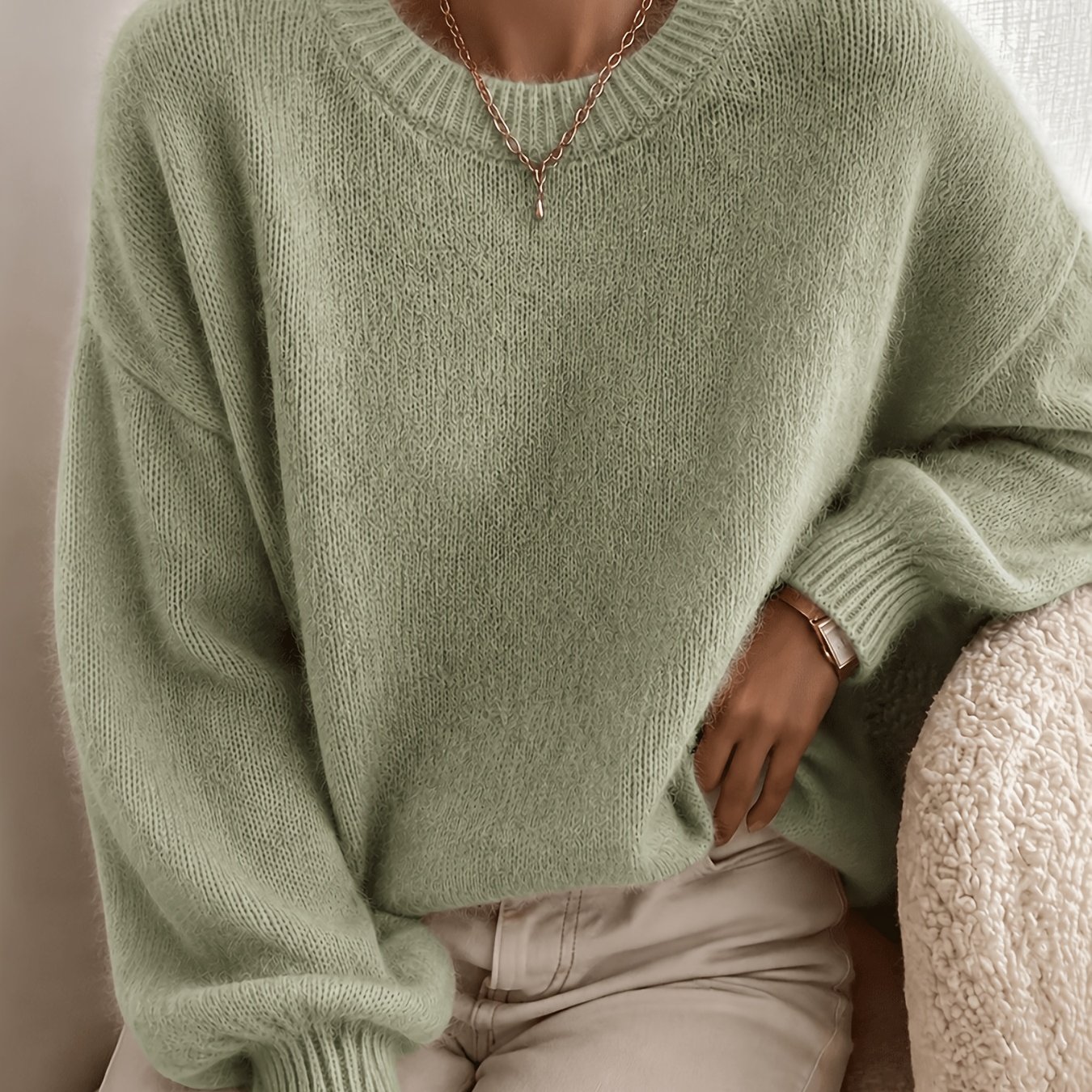 TEMU Soft Textured Sweater - Elegant Relaxed Fit -compatible Suitable For Warm Fall Winter Sweaters, Medium Stretch Solid Color Pullover, Hand