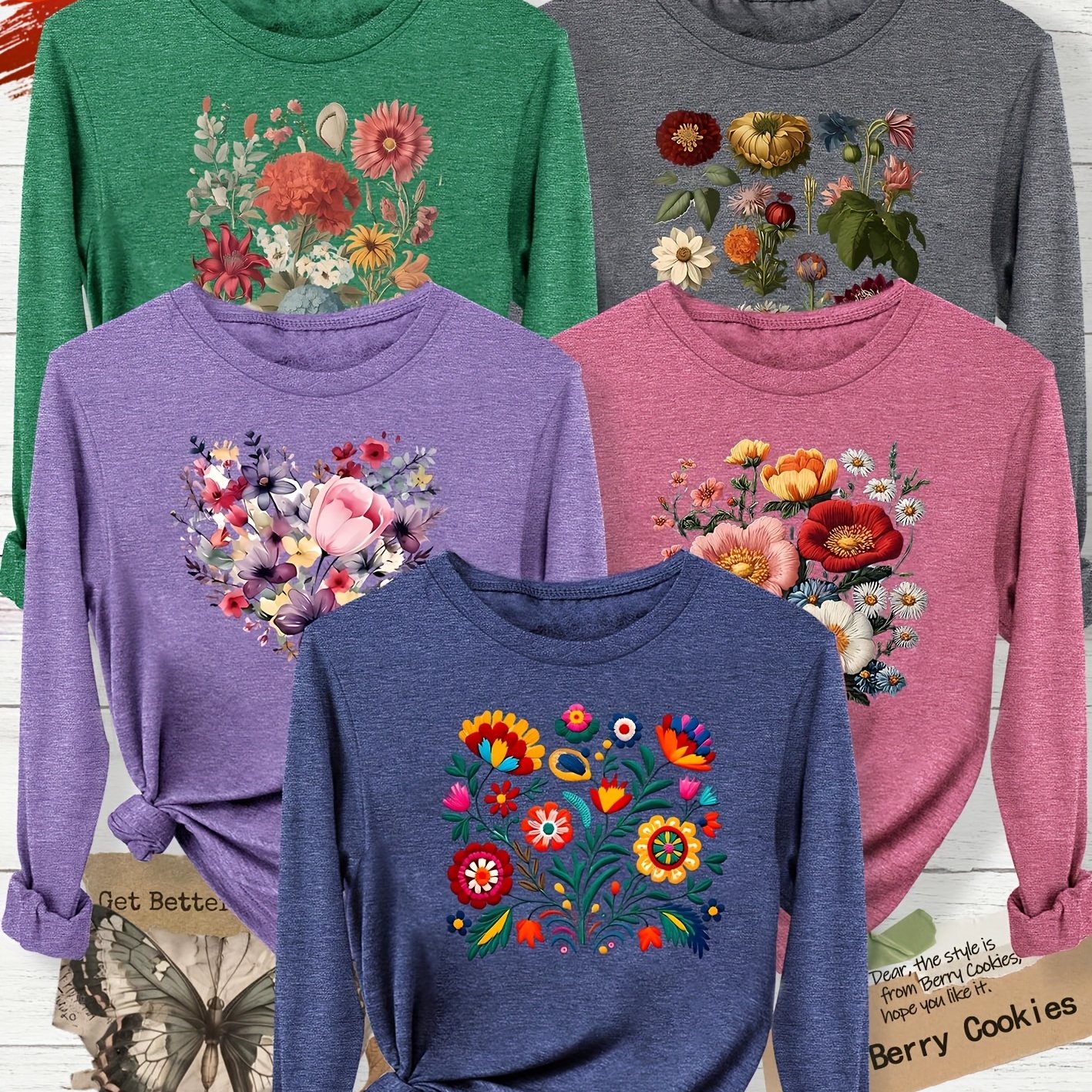 TEMU 5pcs Set Of Simple And Clear Line Floral Print Fashionable Elegant Women's Spring Autumn Winter Casual Sporty Style Round Neck Long Sleeve