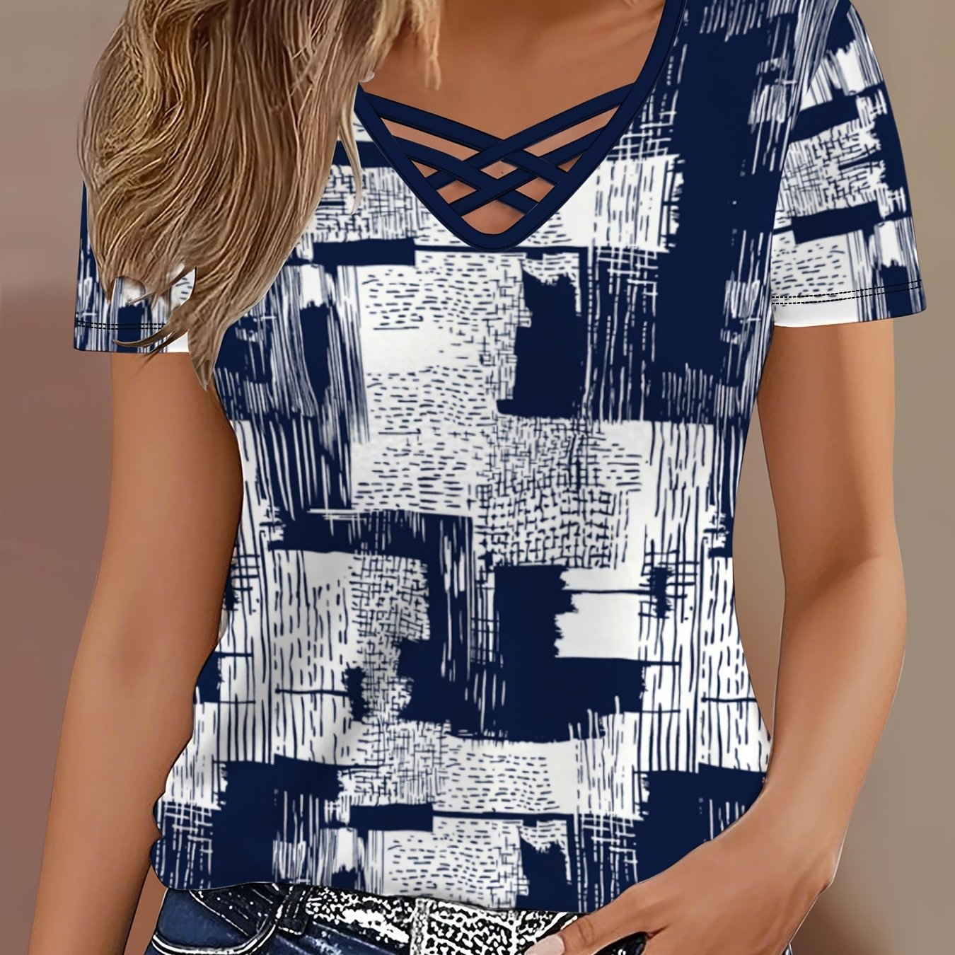 TEMU [targeted] [elegant Cross Design T-shirt] Summer New Cross V-neck Short-sleeved Women's T-shirt Slim-fit Slim And Sexy Hollow Out Bottoming Top