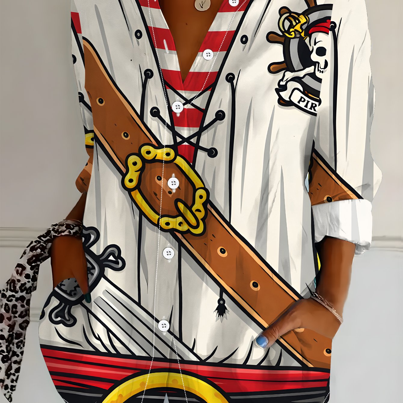 TEMU Plus Size, Women's Long Sleeve Shirt, Nautical , Printed Shirt With Pirate Elements, Floral Shirt For Women, Blue, Red, And White Three-color,
