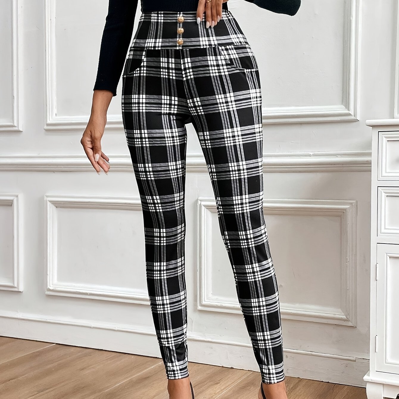 Women's Elegant High-waisted Fitted Print Pants With Metal Decoration