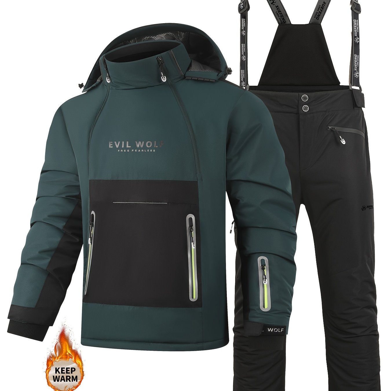 Image of A New Winter Ski Suit For Men Featuring A Large Diagonal Zipper And Thickened Trousers, Designed For And , Perfect For Outdoor Skiing And Hiking In Winter. Made From 100% Polyester Fiber