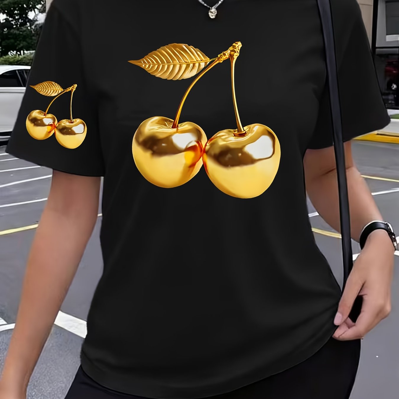 TEMU Golden Fruit Cherry Print New Y2k Style Single Piece Printed Women's Sports Suit Summer Elegant Comfortable Breathable Round Neck Short Sleeve