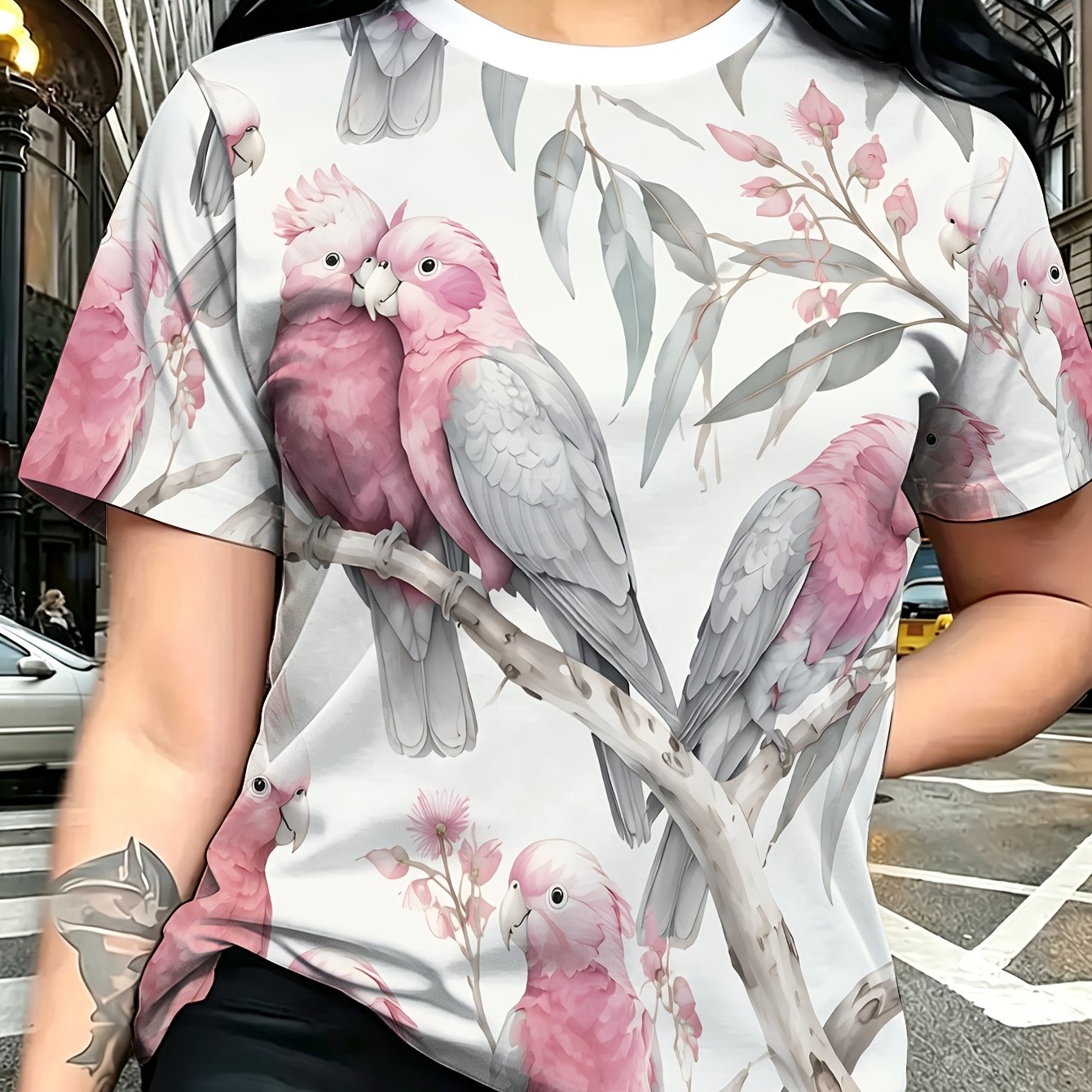 TEMU Women's Pink Print T-shirt - Full Bird Print Round Neck Short Sleeve Top, Casual Summer Beachwear, Suitable For Vacation, Daily Wear And Gift