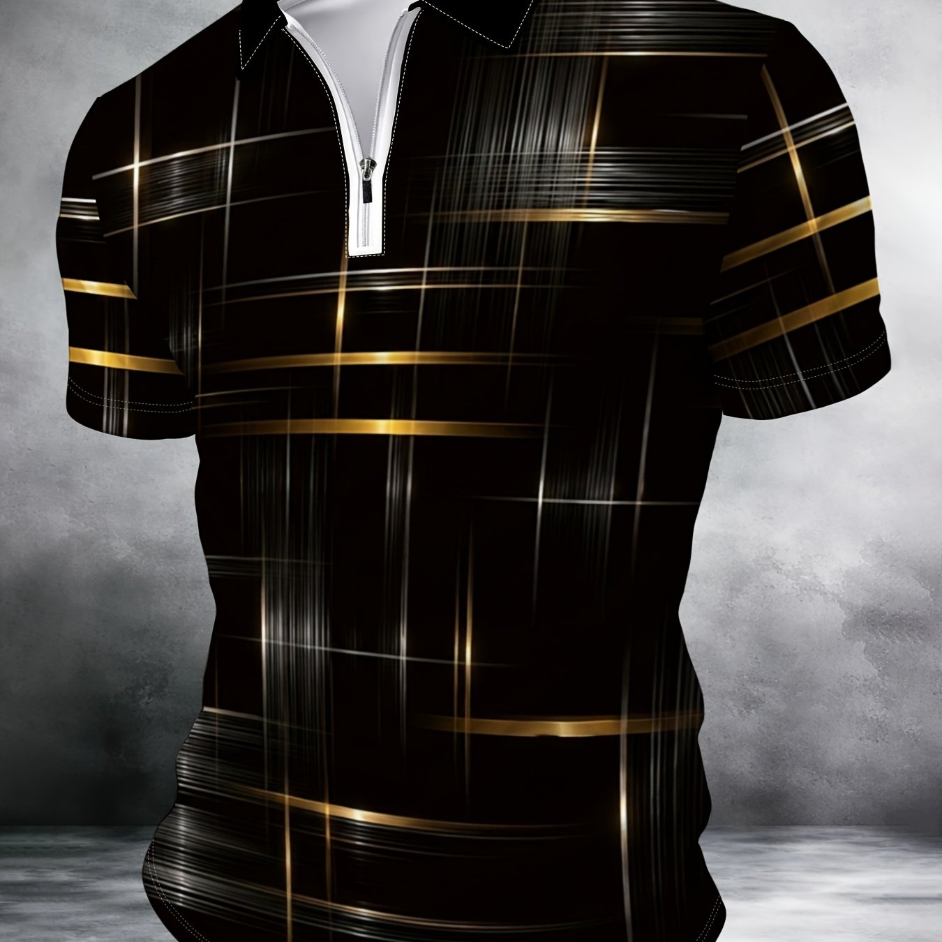 TEMU Men's Fashion Zipper Shirt, New Summer Business Casual Short Sleeve, Black Checkered With Golden Stripe Print Design, Turn- Collar Slim Fit