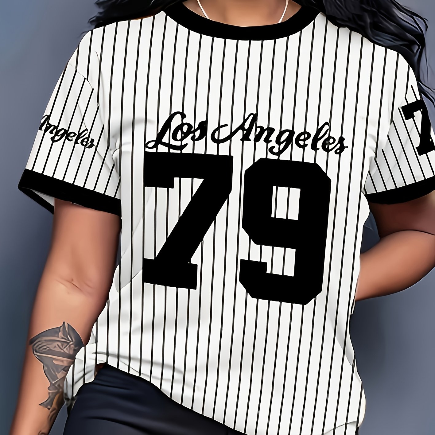 TEMU New Women's Casual, "79" Striped Casual Crew Neck Short Sleeve
