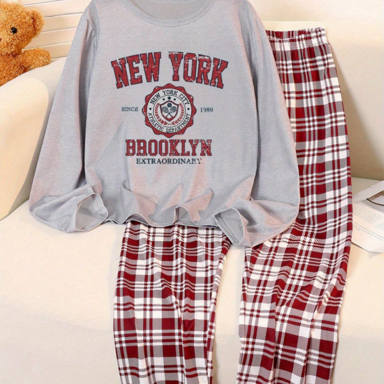 Autumn Winter 2pcs ' Home Outfit Set Featuring Print Gray Top And Plaid Trousers, Casual Comfortable Fashionable Easy Design Suitable For Outdoor Activities, For Teenager, Halloween, For Teenager