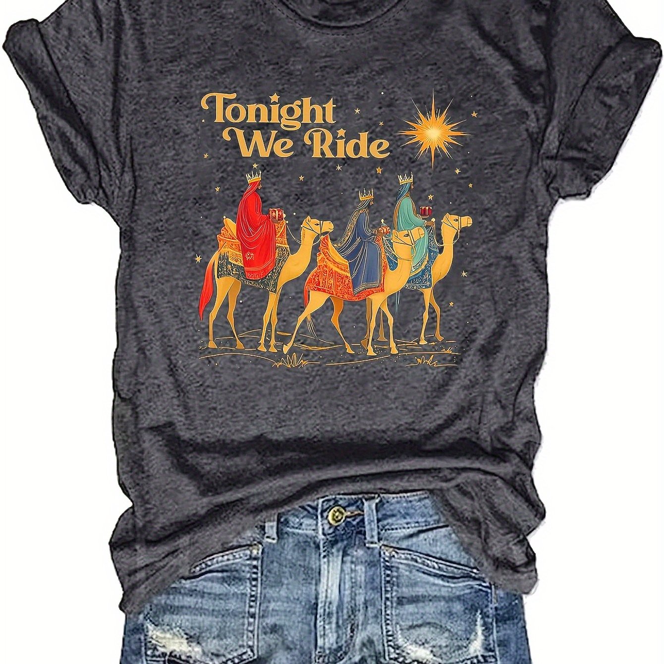 TEMU Women's Casual Short Sleeve Crew Neck T-shirt - "tonight " Graphic Print With & Stars, Lightweight Breathable Fabric, Relaxed Fit For , Ladies