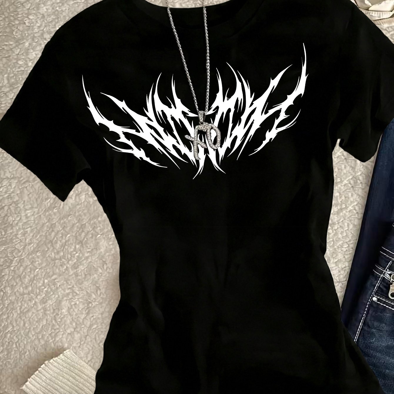 TEMU 00008-y2k Trendy Cool Illustration Print Short-sleeve Round-neck Casual Slim-fit Flattering Women's T-shirt, 2026 New Style, Gothic Dark