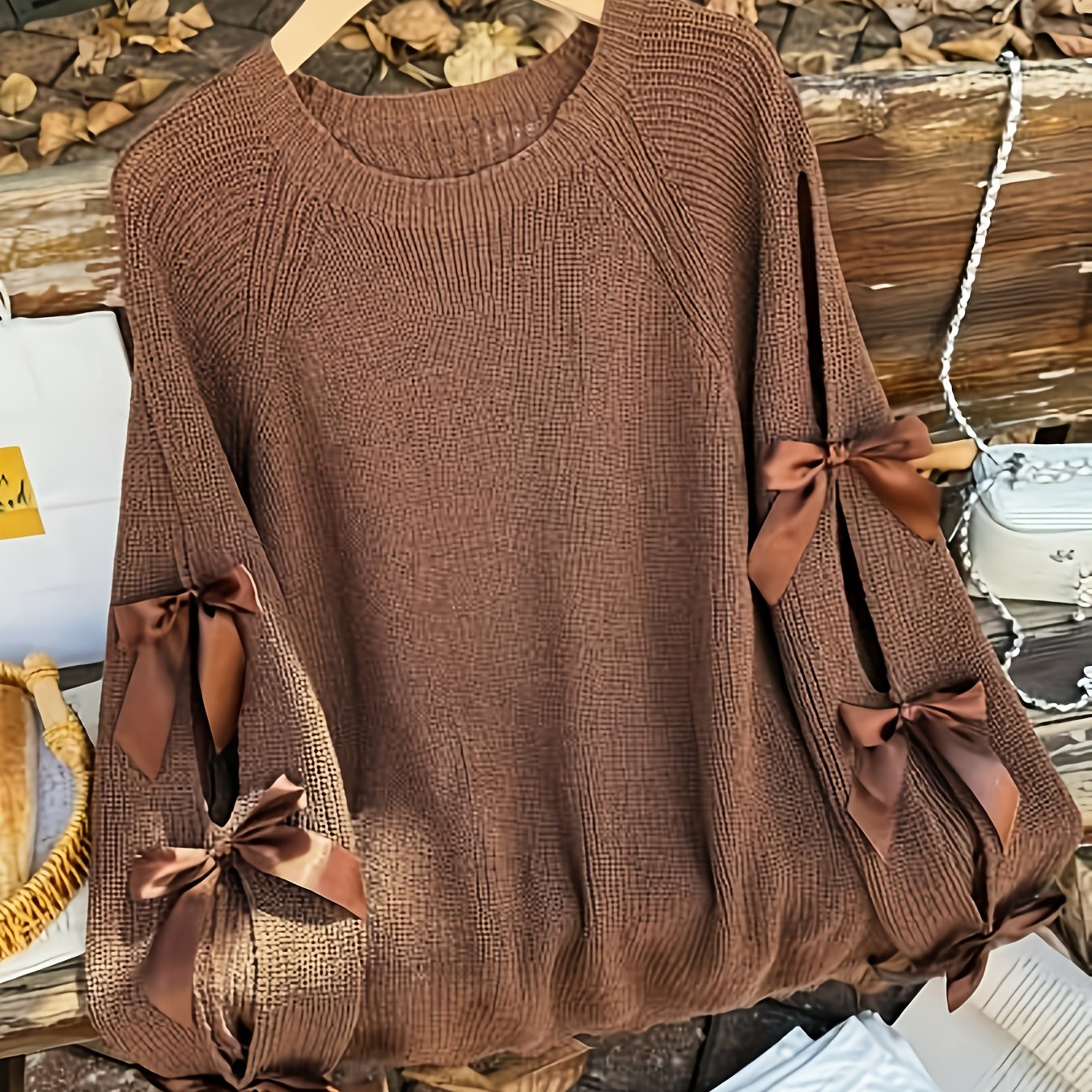 TEMU Plus Size, Plus Size Casual Round Neck Bow Tie Contrast Pullover Sweater