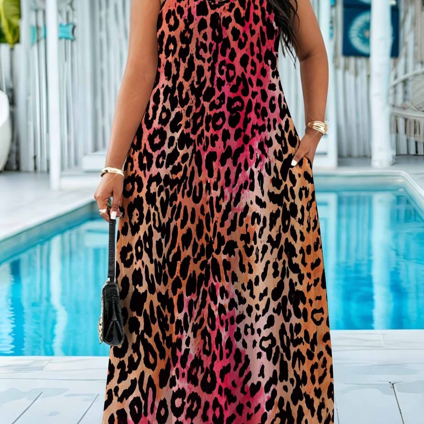 Image of Plus Size - Plus-size Elegant Leopard Print Dress With Pockets. Boldchic Fashion Trend. Very Suitable For Vacations, Travel, And Parties. Summer Bohemian Style Long Dress, In A Vibrant Hue
