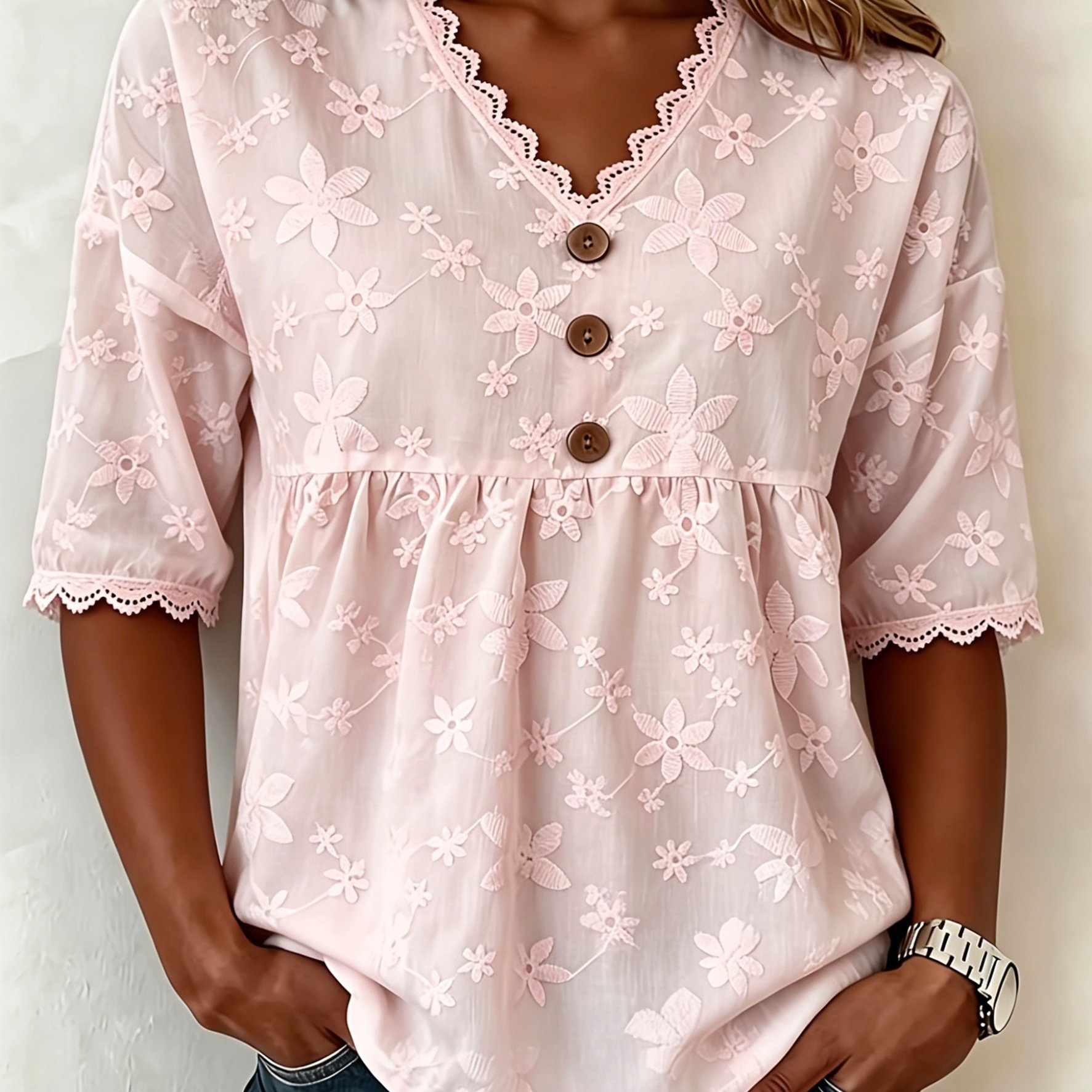 TEMU Wilderness Orientation Women's Casual V-neck Lace Top, Fashionable For Commuting And Dating, ' Blouse
