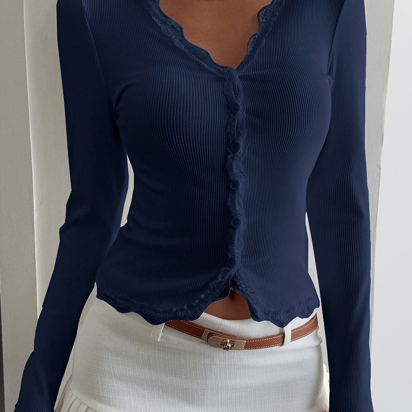 TEMU Women's Lace Slim Fit Cardigan Long Sleeve Solid Top, New Women's Comfortable Lace Button-up Long Sleeve Top, Solid Lace Easy Solid Top