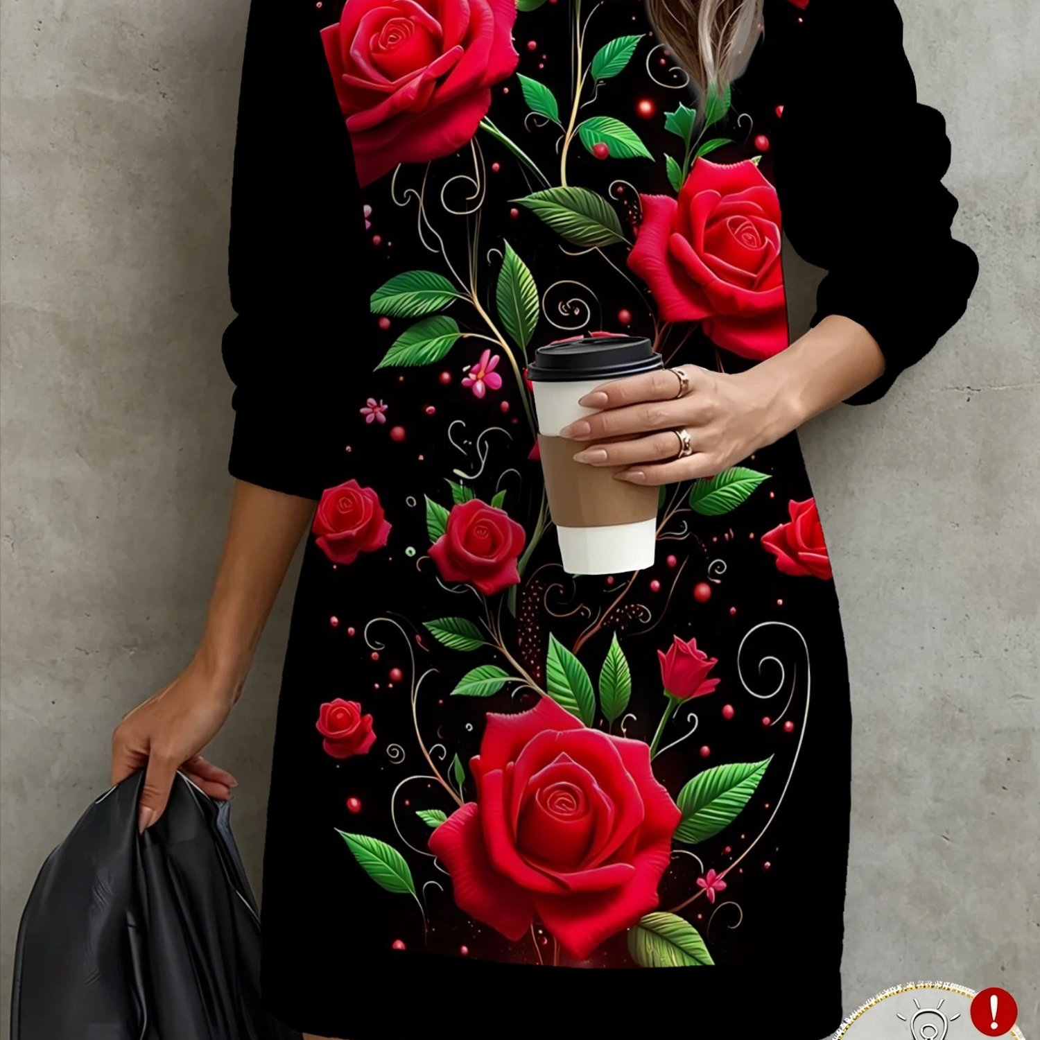 TEMU Black Vintage Red Rose Floral Print Women's Fashion Sweatshirt For Autumn/winter, Loose Neck Casual Women's Fashion Sweatshirt