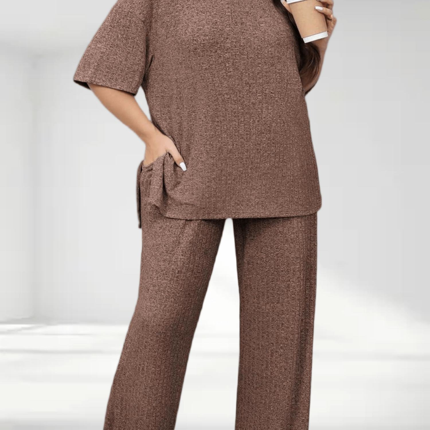 Image of Plus Size 2pcs Lounge Sets Women Ribbed Short Sleeve Tops Wide Leg Pants Casual Airport Outfits