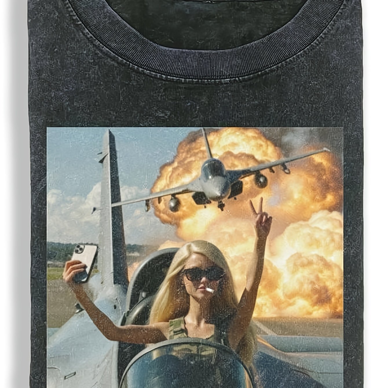Image of Vintage Doll Plane Print T Shirt Retro Meme Style Suitable For Retro Lovers And Meme Fans Ideal For Casual And Fun Gatherings Casual Wear Fit Black Crew Neck 180g Pure Cotton T Shirt Sizes S To 3xl