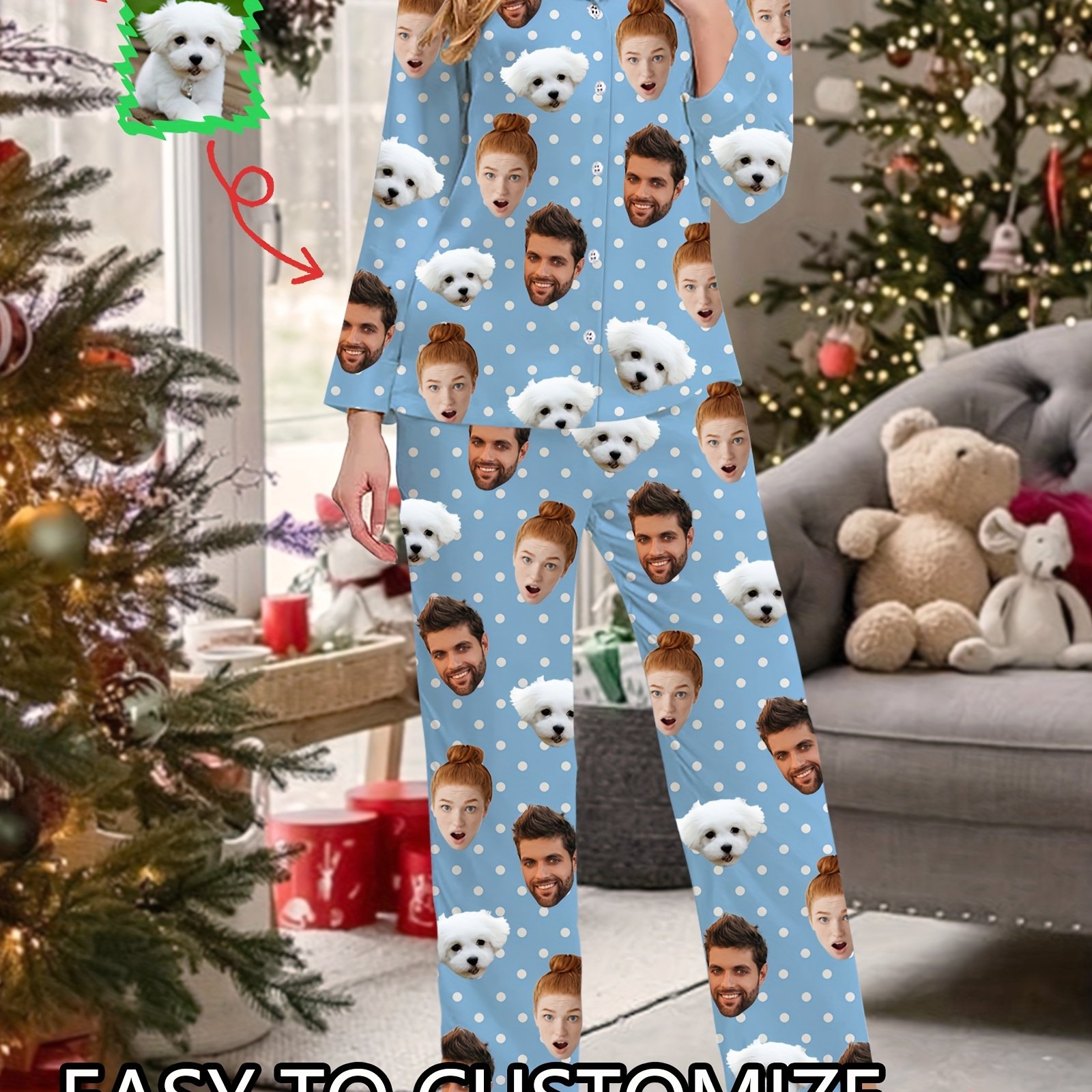 TEMU Pijama largo personalizado para mujer, conjunto de camisa de larga y pantalón largo, personalizado con foto de rostro, conjunto de pijama de