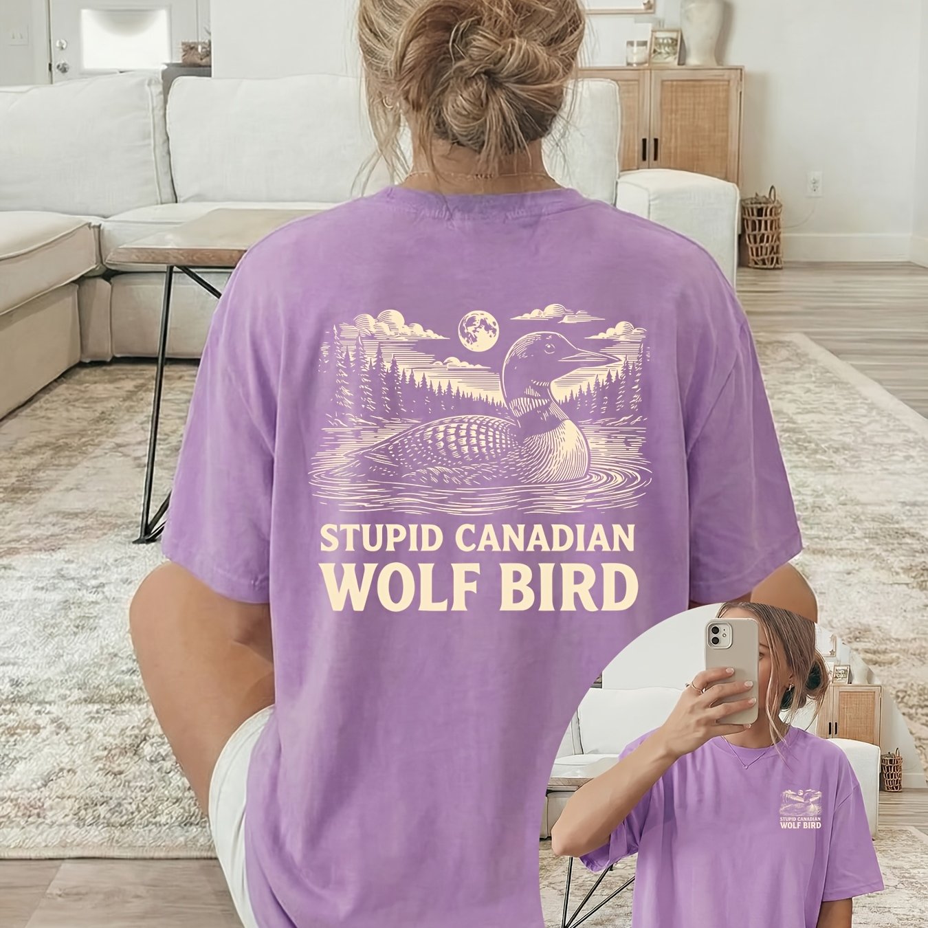 TEMU Casual Women's T-shirt | "stupid Canadian Wolf Bird" Printed Graphic Tee With Swimming Loon, Forest Background, And Crew Neck Style
