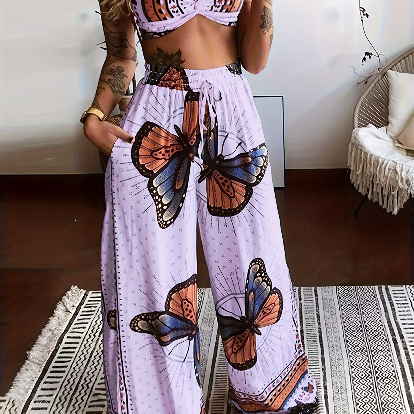 Boho Butterfly Print Two piece Set Crop Cami Top Wide Leg - Temu