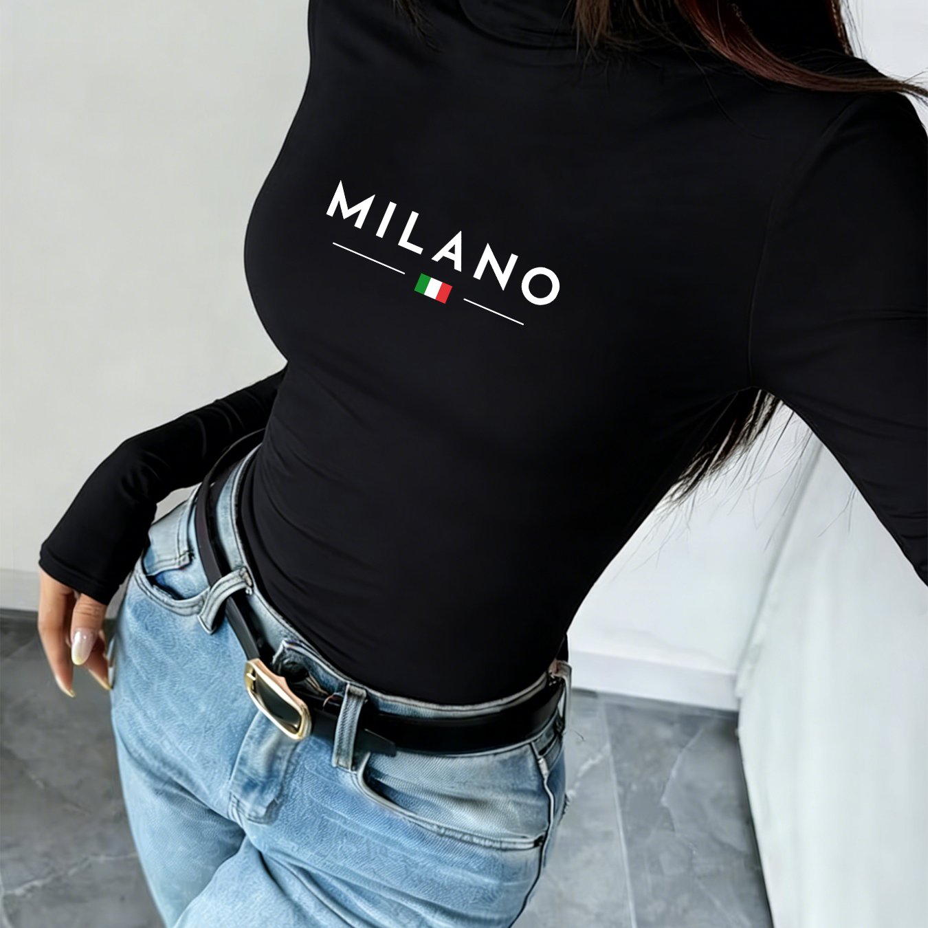 TEMU High Collar Thickened Printed Slim Long-sleeved T-shirt Women's T-shirt And Base Shirt Top 2025 New High Collar Women's Warm Long-sleeved Top -