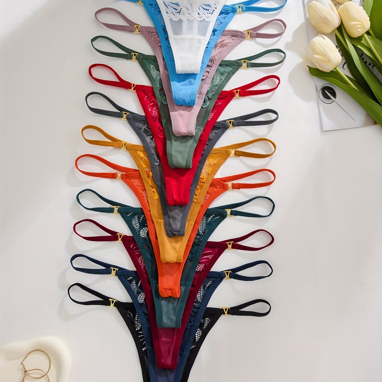 12pcs Lace Ultra-thin Sheer Breathable Thong Panties For Women