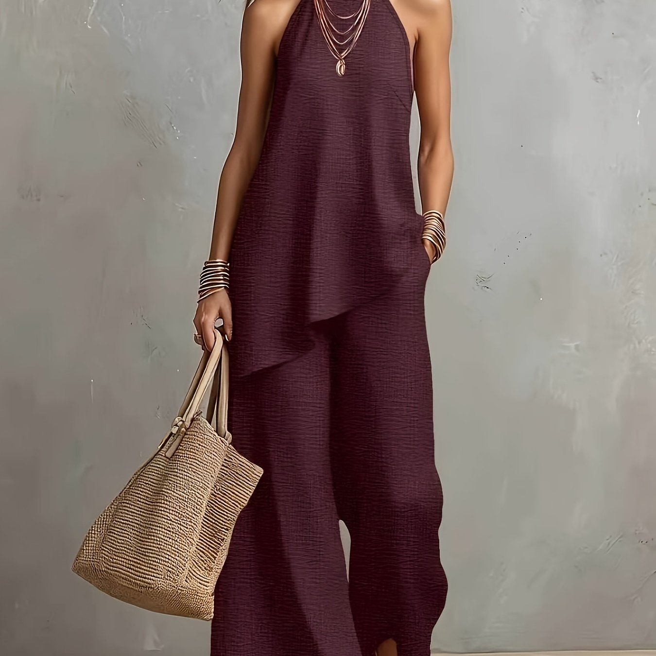 TEMU New Cross-border Women's Fashion: Elegant Minimalist Backless Solid Color Top + Wide-leg Pants 2pcs Set