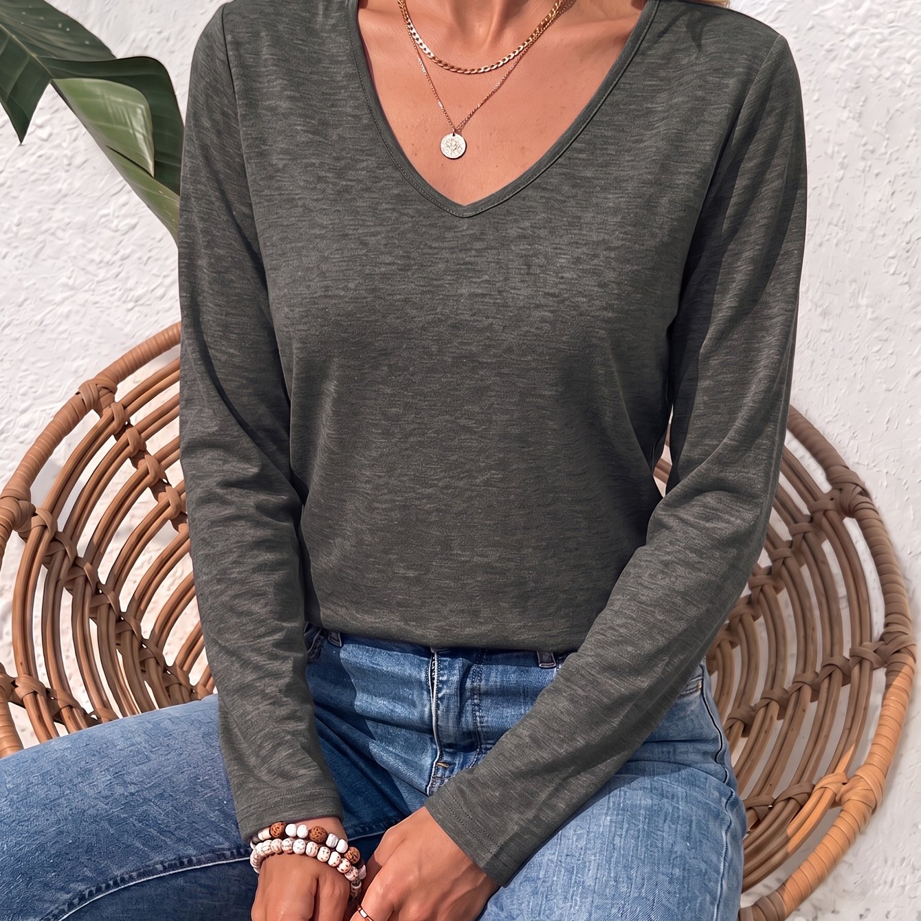 TEMU 1pc Summer New Women's V-neck Long Sleeve T-shirt, Spring Autumn Base Layer, Layering Top, Solid Color Basic Loose Versatile Top, Comfortable