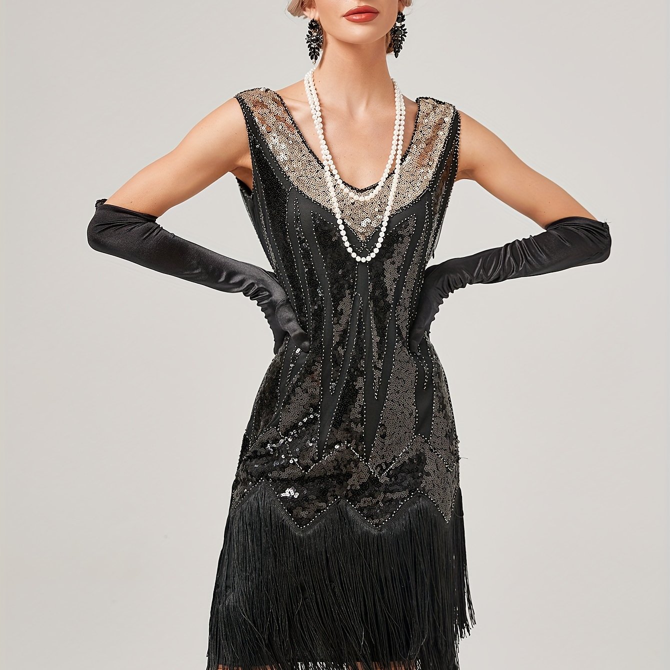 E-shop 1920er Retro Pailletten-Gatsby-Partykleid mit Fransen, Kurzarm Abendkleid für und Anlässe – Sofort