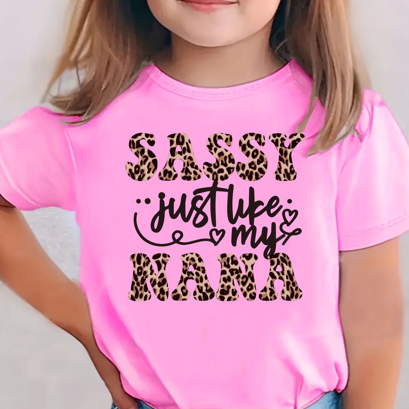 TEMU Gourd Doll Girls' Pink 'sassy My ' Graphic Tee - Casual Knit Short-sleeve T-shirt With Leopard Print Lettering, Soft 100% Cotton, Loose Fit,