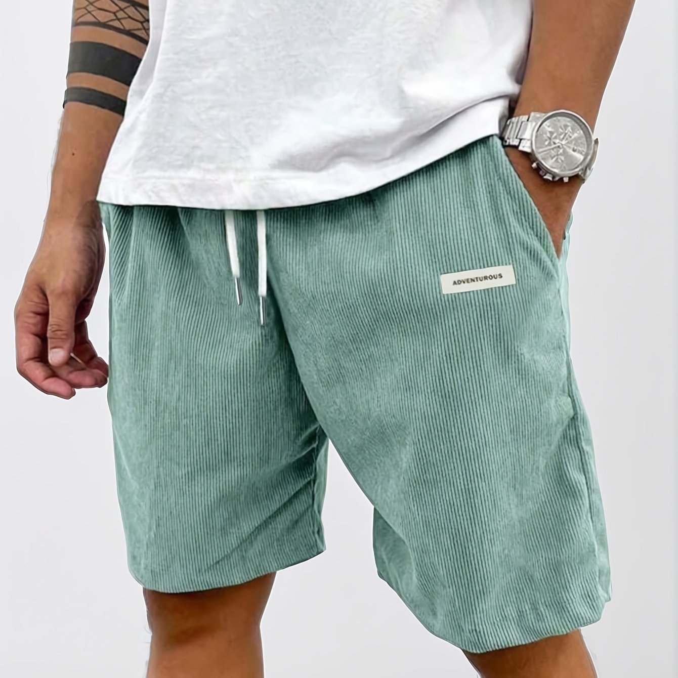 TEMU Men's Casual Corduroy Sport Shorts, Drawstring Waist Pocketed Casual Shorts With Letter Print,versatile Bermuda Shorts