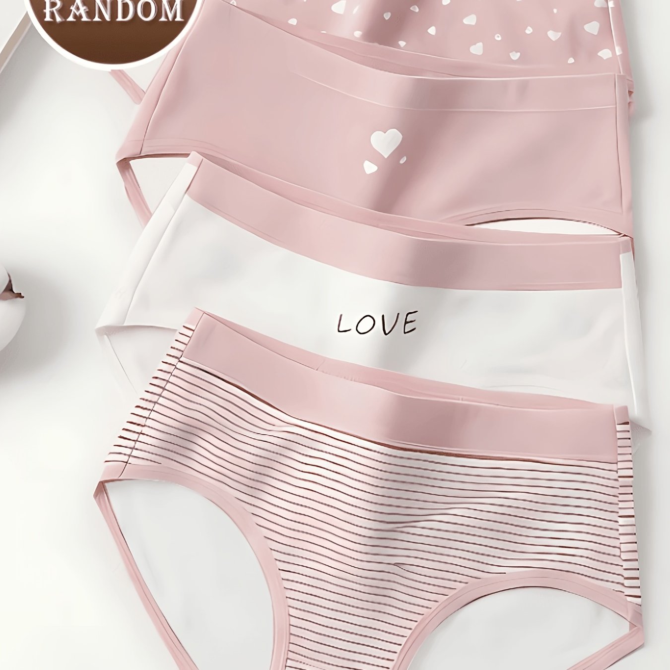 TEMU Random Set Of 3 Heart Print Panties, Comfortable And Breathable, Pink Print, Cute, Slim Fit Mid-high Waist Women's Underwear