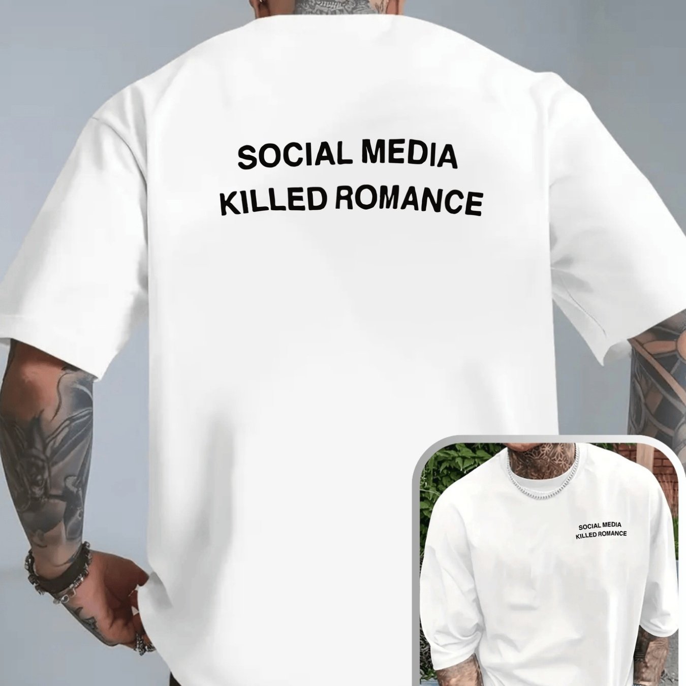 1-essential Men's T-shirt Suitable For Casual& Outdoor Wear- Social Media Double-sided Print, Loose Fit Short Sleeve Round Neck Shirt With Statement, Machine Washable Solid Color Top For