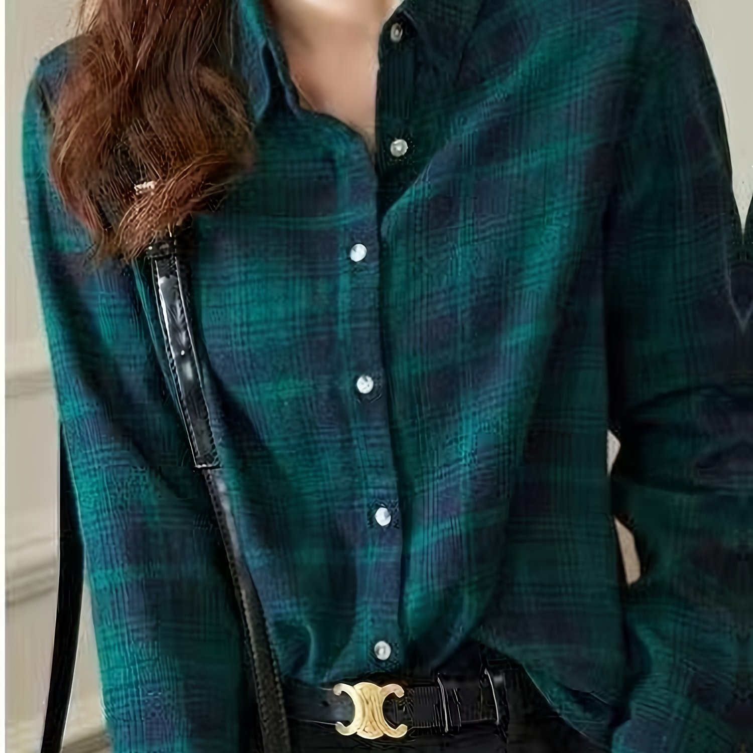 TEMU Women's Long Sleeve Casual Fashion Comfortable Collared Checkered Shirt
