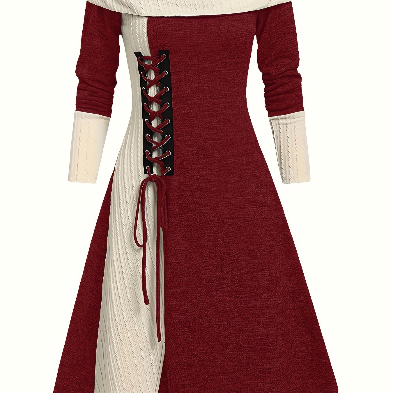 Image of Women's Elegant Dress With Contrast Color Block & Striped Accents - A-line Midi Dress, Long Sleeve Lapel Collar, Machine Washable, Versatile Wear, Textured Fabric