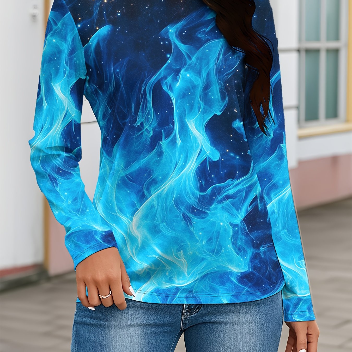 Blue Flame Women's Casual Long Sleeve T-shirt, Everyday Outfit, Statement Shirt, Breathable Top, Pullover Top