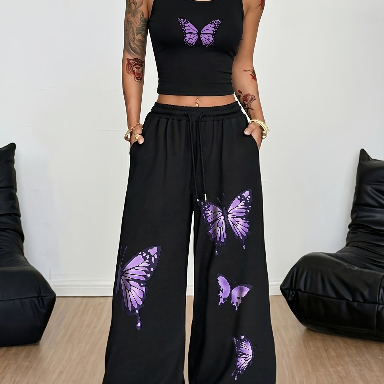 TEMU Ensemble Pièces Esthétique Y2K, Gilet et Pantalon Large pour Femme, Imprimé Papillon Violet, Style Féérique Streetwear, Tenue Décontractée et de