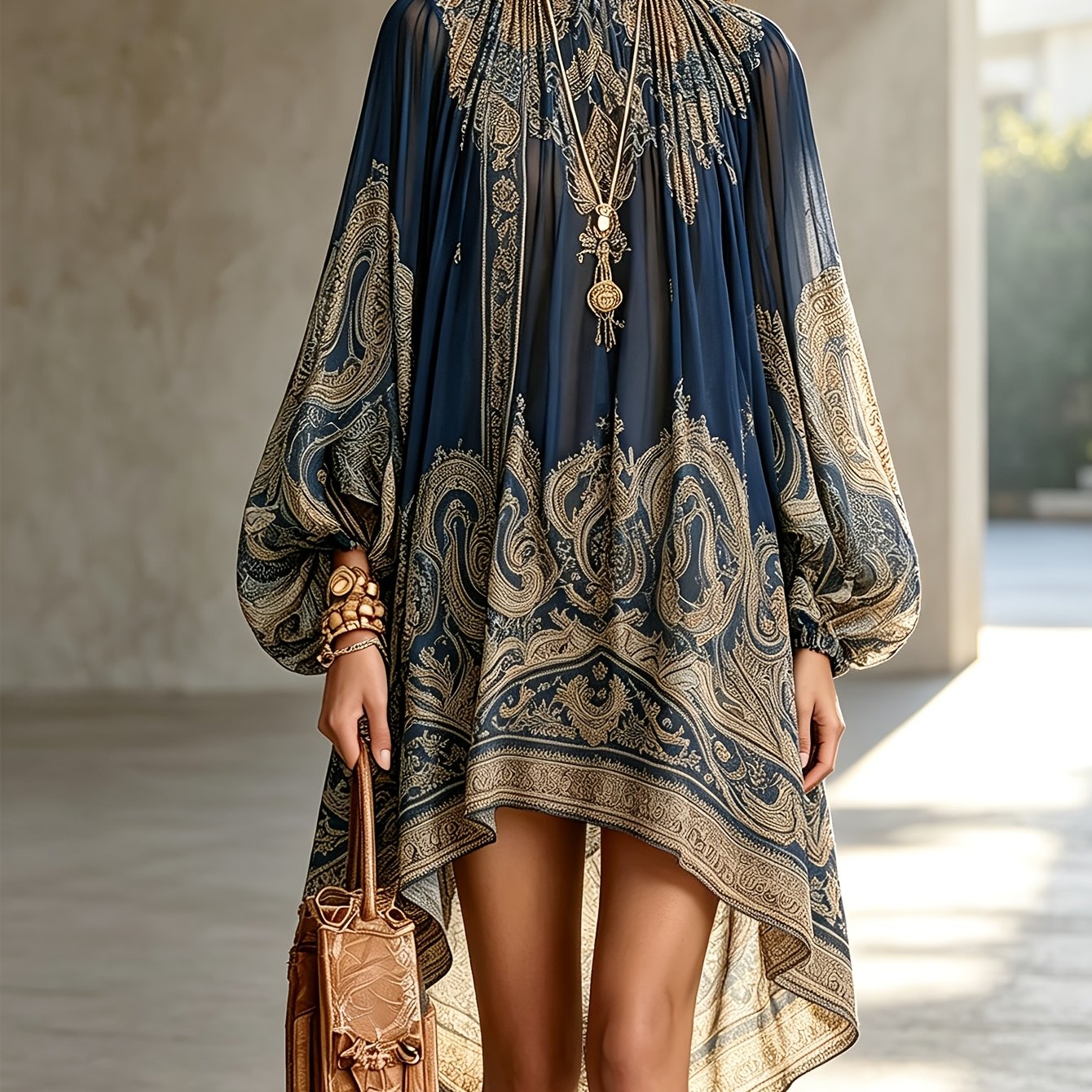 TEMU Navy Baroque Printed High Neck Irregular Chiffon Mini Dress