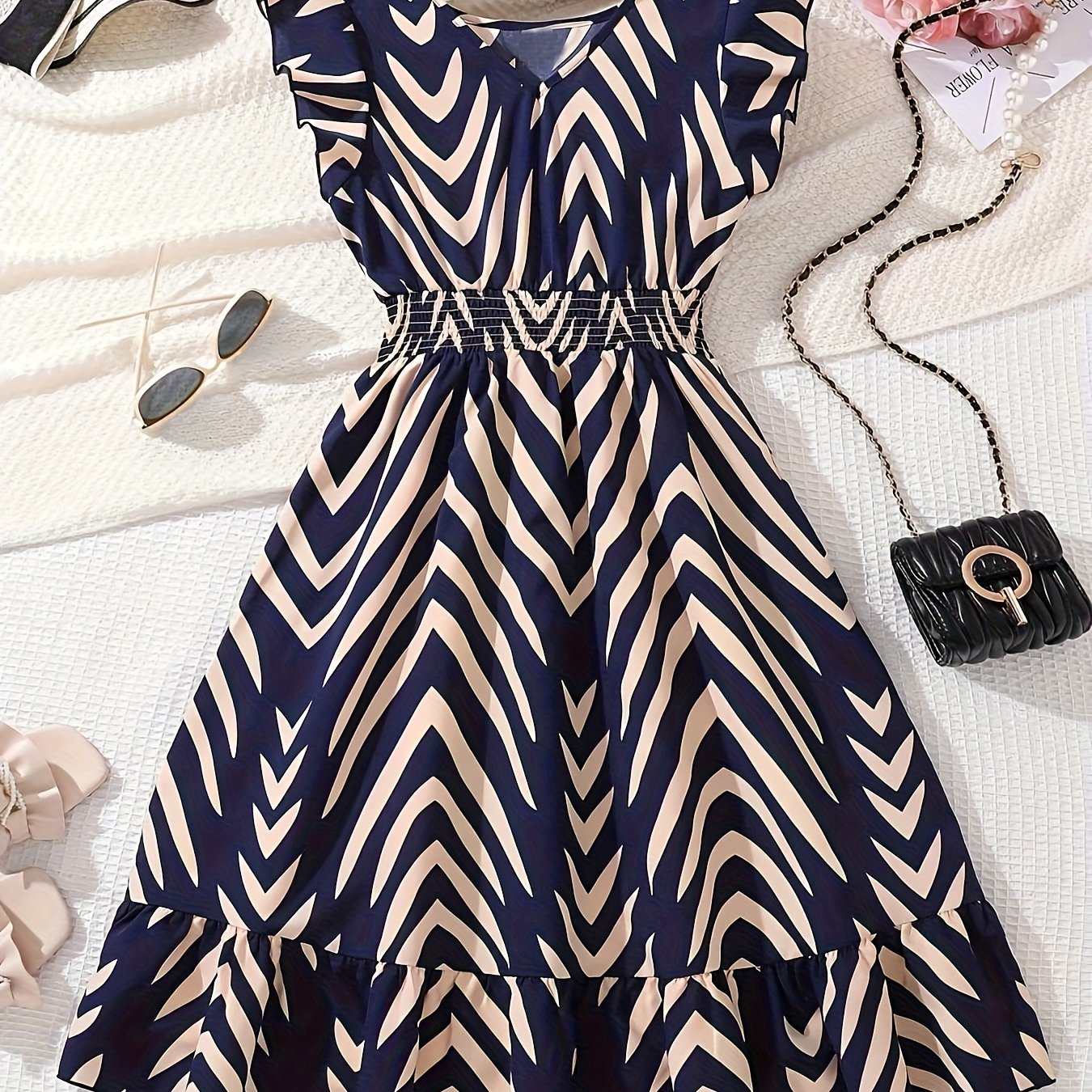 Image of Girls' Striped Vintage Puff Sleeve V-neck Dress, Dress For Girls' Summer