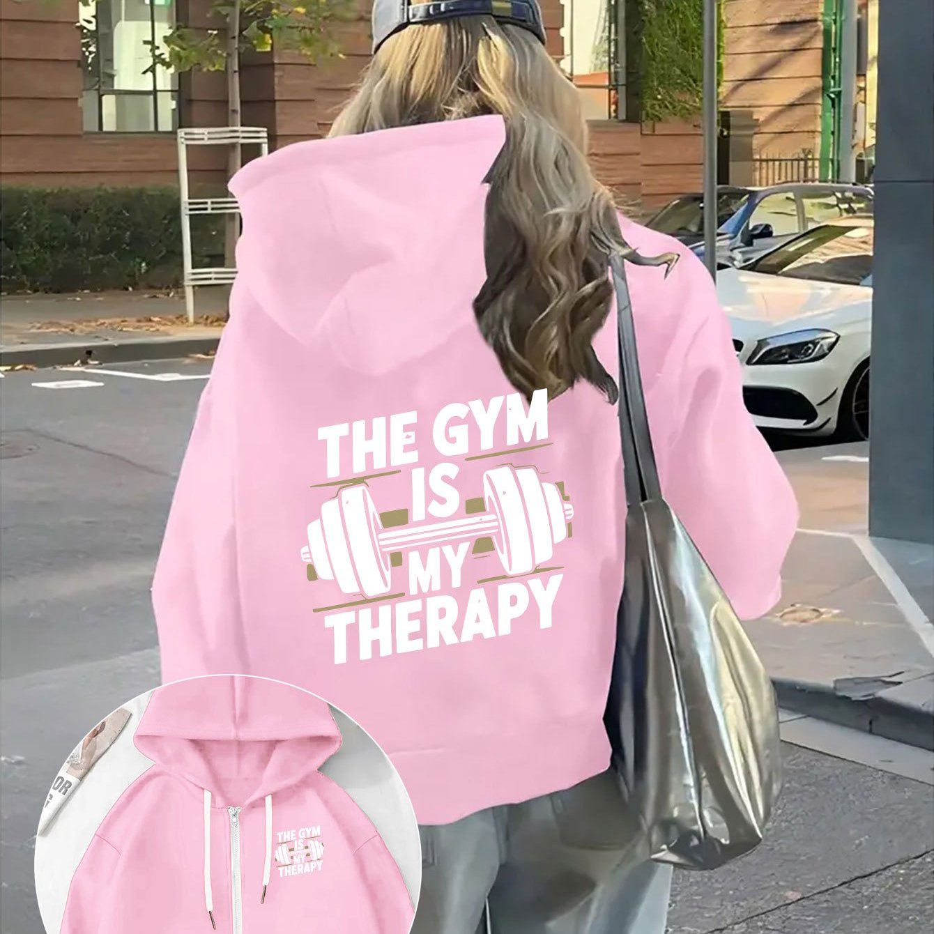 TEMU Women's Fashion [ Is My Therapy] Letter And Dumbell Print, Long Sleeve Pocket Hooded Zip Jacket, Women's Sportswear.