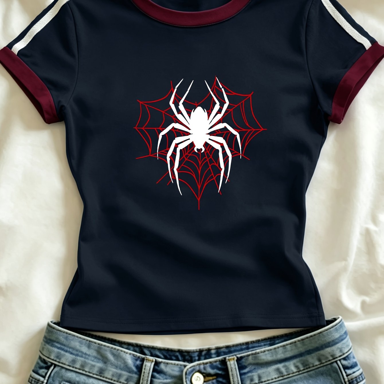 TEMU Back-to- Season Creative Spider Print Pattern Y Casual Campus Streetwear Casual Outfit Spring/summer Newest Short Sleeve Single-pack Women's