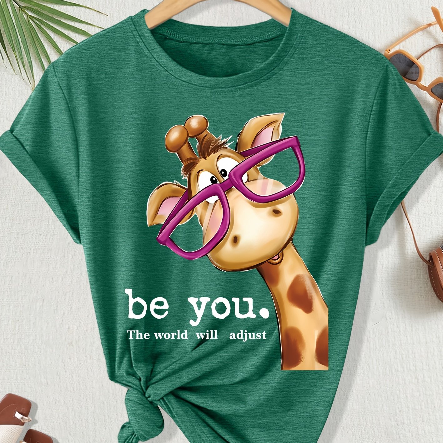 TEMU Women' Plus Size Giraffe Print T-shirt With Pink Glasses - Soft Breathable Round Neck Short Sleeve Blouse Suitable For , Vacation & Daily Wear,