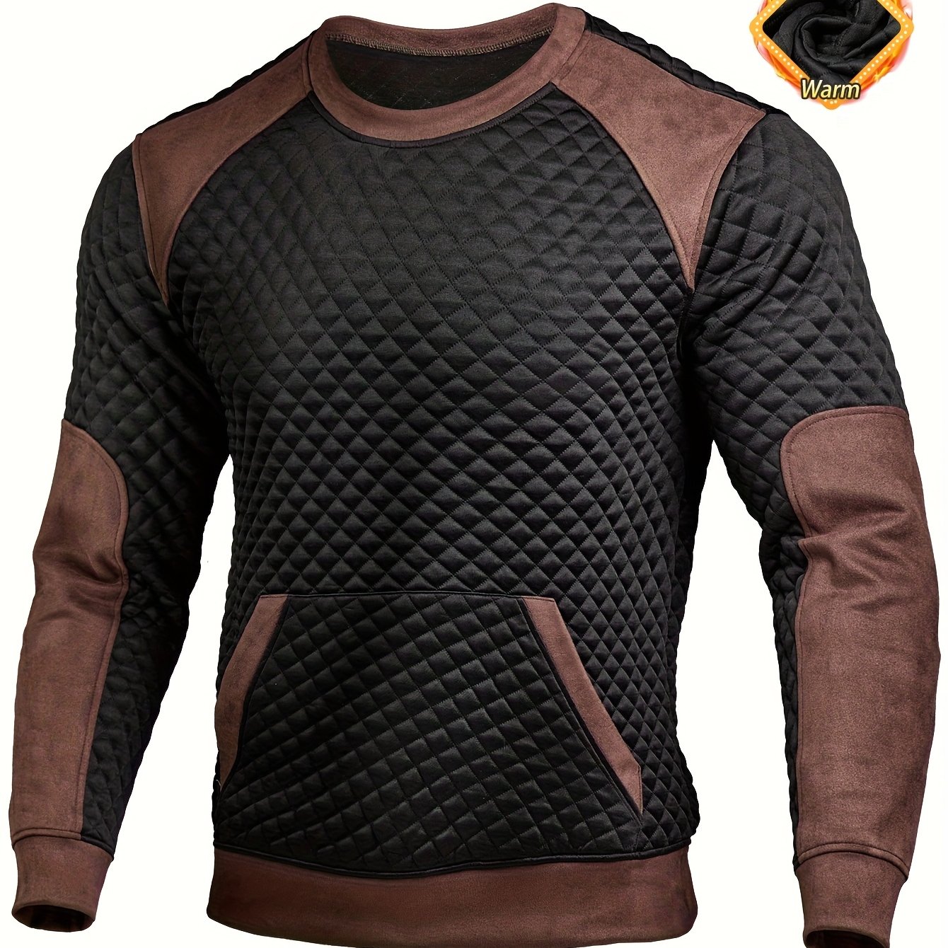 Image of Men's Fashion Top, Autumn/winter Casual Herringbone Textured Fabric Crew Neck Color-block Long Sleeve Men's Henley Shirt