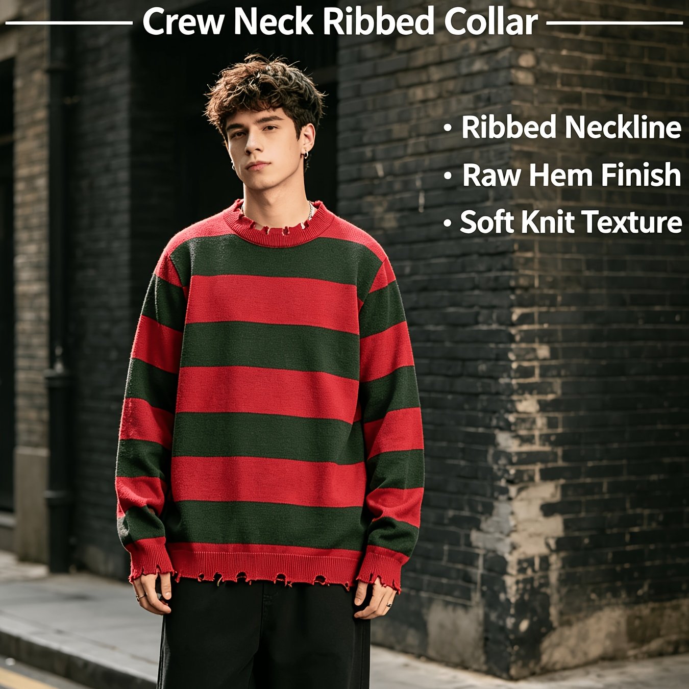 TEMU Halloween Homme Rouge & Noir Rayé Pull Col Rond Col Ourlet Motif Rayé Streetwear Automne Hiver Coupe Décontractée Vêtement Décontracté