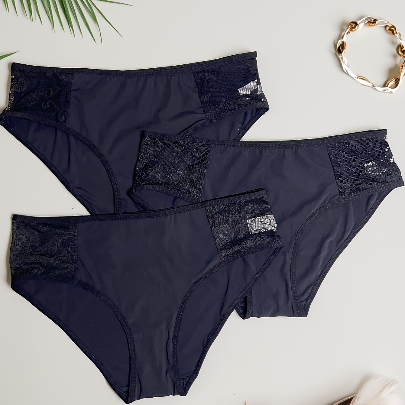 E-shop Damen Mid-Rise 3-teiliges Set, Schwarzes Spitzen-Set mit 3 Mustern, Hochelastisches, doppelseitiges Nylongewebe, Weich und Atmungsaktiv,