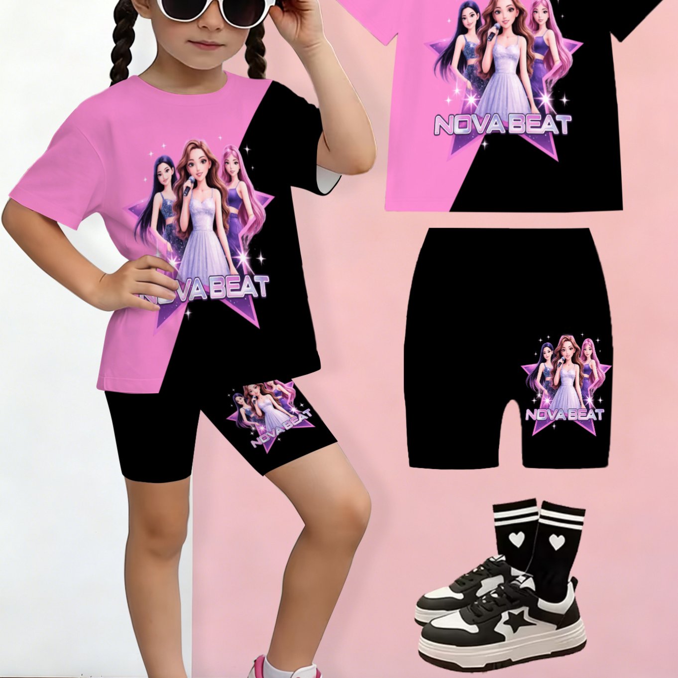Image of Fashionable Girls' T-shirt And Shorts Set, 3d Printed Short-sleeve Top With Printed Girls' Shorts Set, Perfect Style, Great As A Children's Gift, Suitable For Outdoor Activitie, Perfect For Outdoor