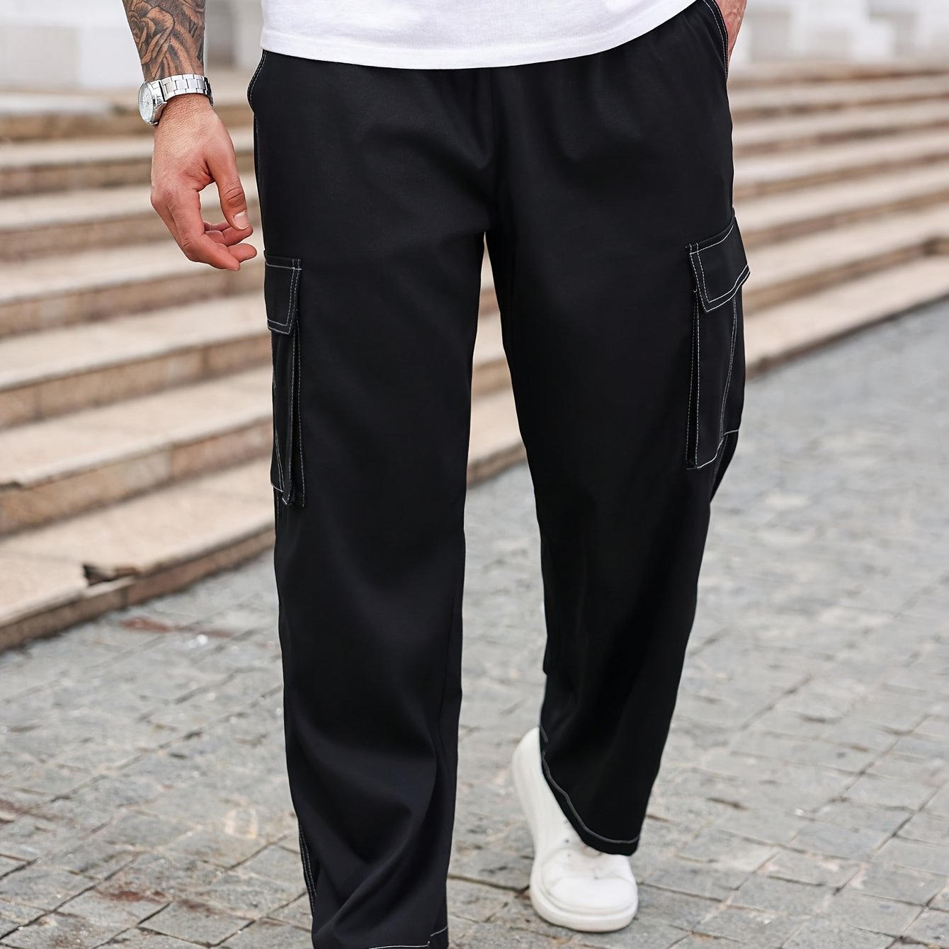 TEMU Men's Black -stitched Cargo Wide-leg Pants, Summer Lightweight Loose Straight-leg Multi-pocket Casual Trousers, Fashion Brand Versatile Long